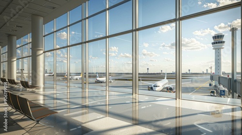 Empty seating area in a modern airport terminal with large windows overlooking the control tower and aircraft behind.