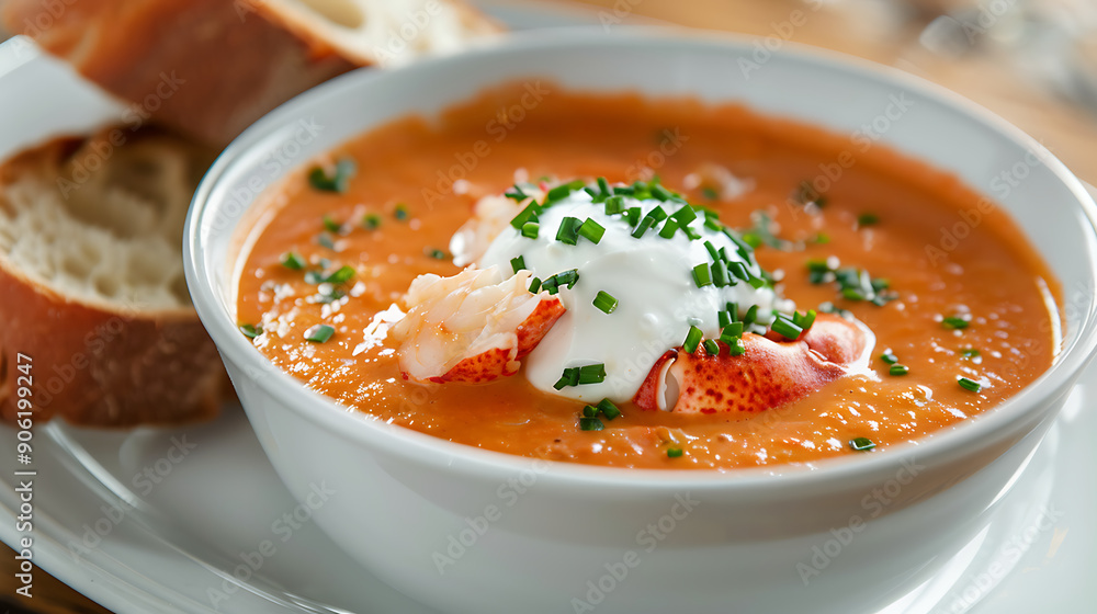 A rich and velvety bowl of lobster bisque garnished with fresh herbs. A rich and velvety bowl of lobster bisque garnished with fresh herbs.