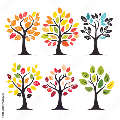 Six stylized trees showcasing different color leaves, representing changing seasons, tree features unique leaf color palette, ranging green red. Trees simple, flat design style suitable various