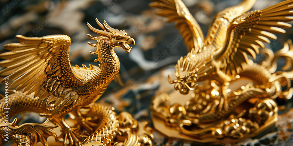 Opulent Marble Pedestal Showcasing Golden Dragon and Eagle Statues Representing China and USA Trade War for Economic Campaign Opulent Marble Pedestal Showcasing Golden Dragon and Eagle Statues Representing China and USA Trade War for Economic Campaign