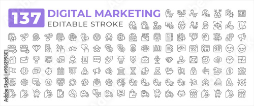 Digital marketing line icons big set. Feedback customer. Cyber security, delivery. AI ecommerce online shopping iconset outline pictograms. Isolated linear vector illustrations. Editable stroke photo