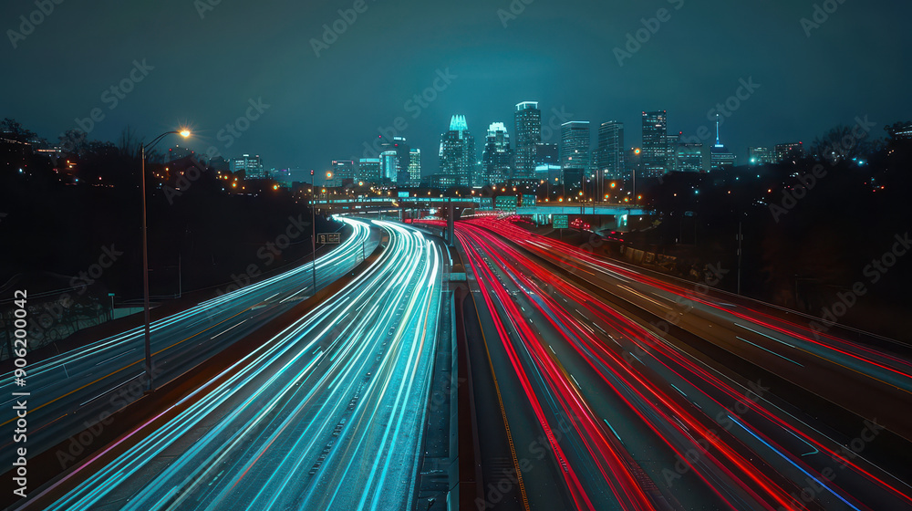 A busy highway with a large building in the background. The sky is orange and pink, creating a warm and inviting atmosphere A busy highway with a large building in the background. The sky is orange and pink, creating a warm and inviting atmosphere