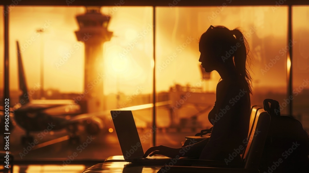 Silhouette of young woman working with laptop and waiting for boarding at airport terminal. Blurred background of airplane and control tower. Silhouette of young woman working with laptop and waiting for boarding at airport terminal. Blurred background of airplane and control tower.