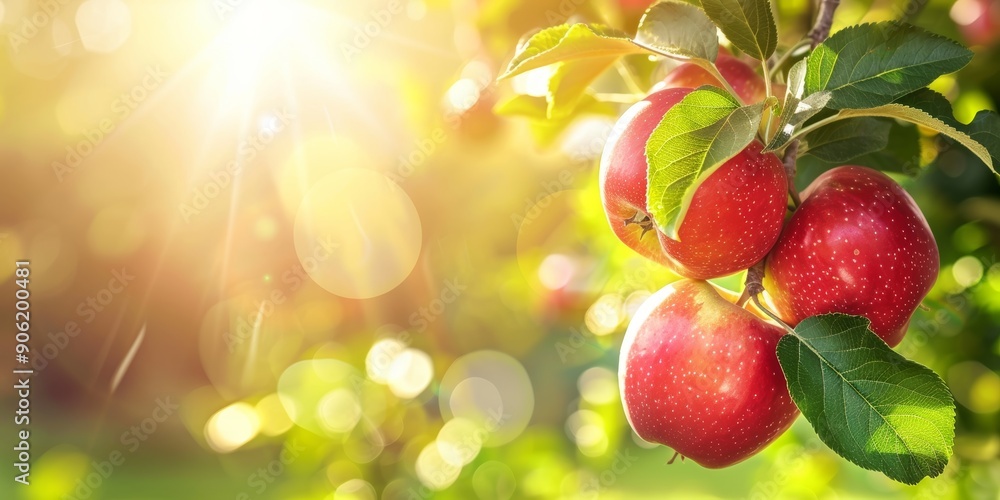 Fresh Red Apples Hanging from a Tree Branch, Close-up Detail Against Sunshine Generative AI Fresh Red Apples Hanging from a Tree Branch, Close-up Detail Against Sunshine Generative AI