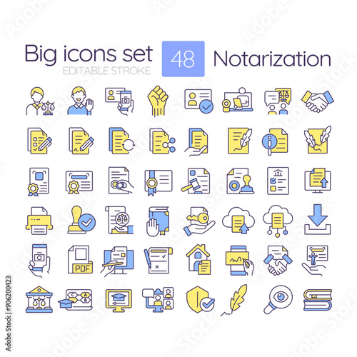 Notarization RGB color icons set. Notary services, person identification. Contract statement, documentation. Isolated vector illustrations. Simple filled line drawings collection. Editable stroke