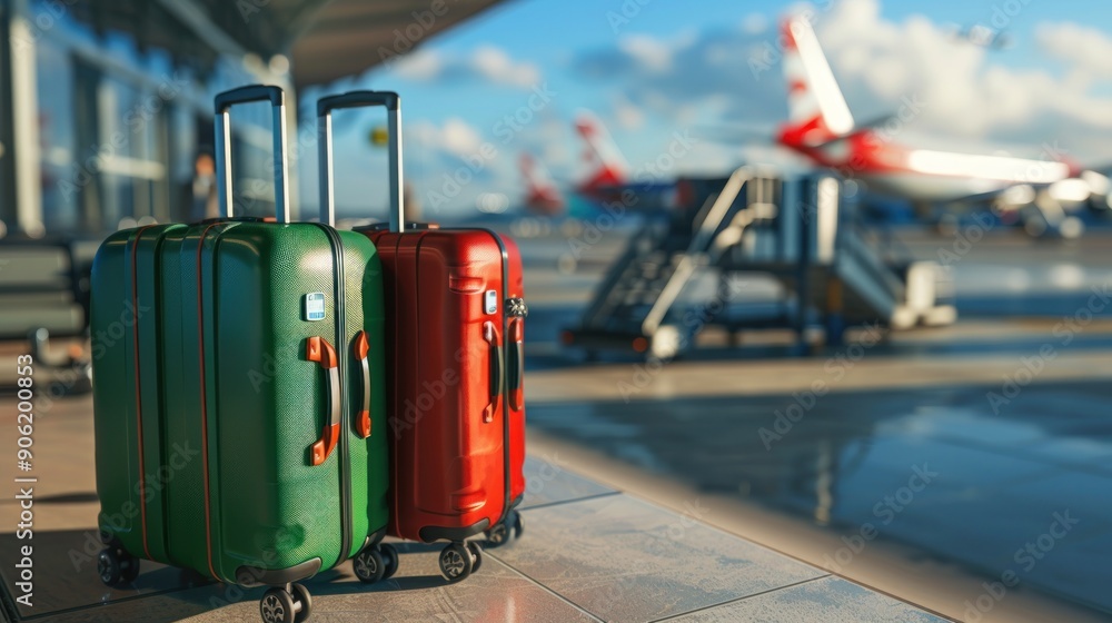 Two red and green suitcases at airport terminal with airplane in the background. Travel concept. Two red and green suitcases at airport terminal with airplane in the background. Travel concept.