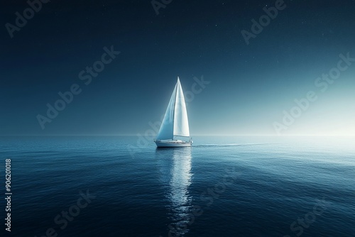 Serene White Sailboat Gliding on Dark Blue Ocean Waters photo