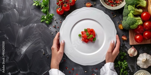 The chef sets the kichari dish on the table beside the empty area. photo