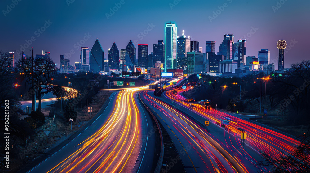 A busy highway with a large building in the background. The sky is orange and pink, creating a warm and inviting atmosphere A busy highway with a large building in the background. The sky is orange and pink, creating a warm and inviting atmosphere