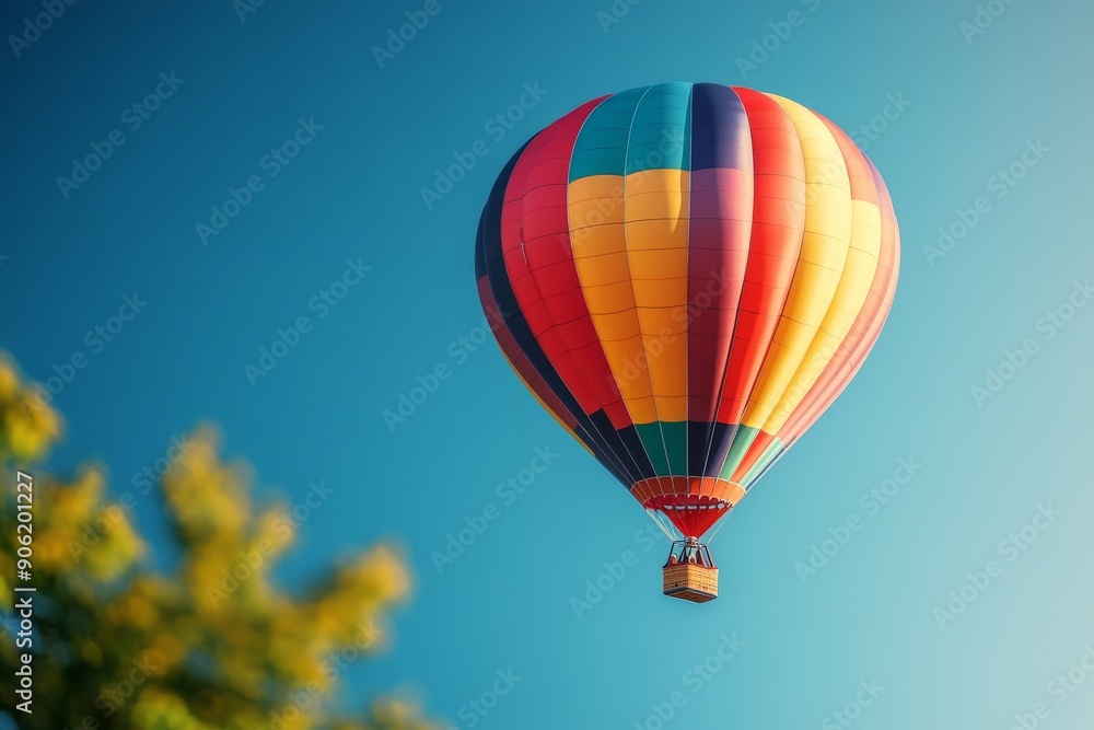 Obraz premium Contrasting Colors: Vibrant Hot Air Balloon in Clear Blue Sky