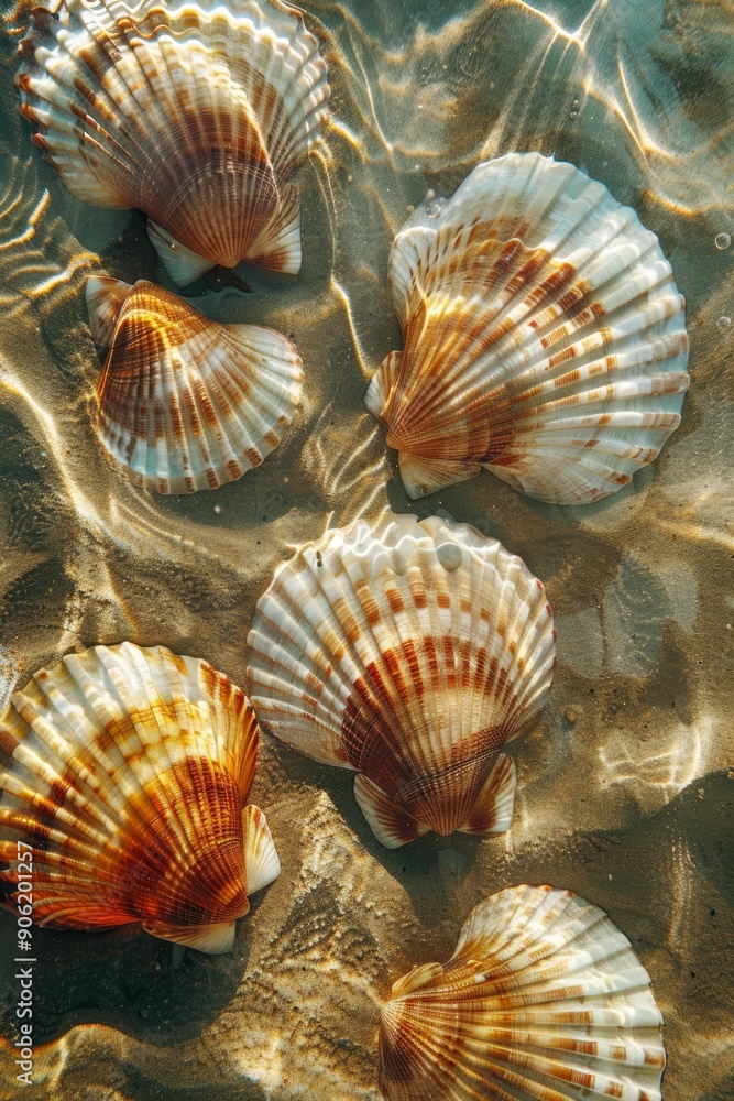 Scallop Shells Pattern in the Sand Under Water, Neutral Colors, Close Up Detail, Abstract Background Generative AI Scallop Shells Pattern in the Sand Under Water, Neutral Colors, Close Up Detail, Abstract Background Generative AI