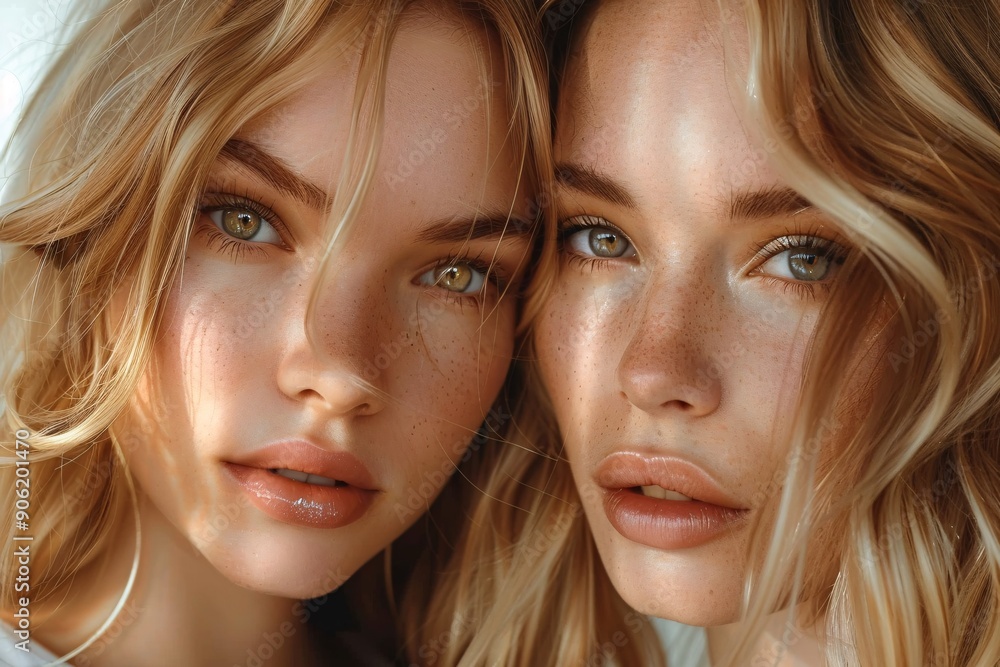 Two attractive women pose against a light backdrop. Two attractive women pose against a light backdrop.