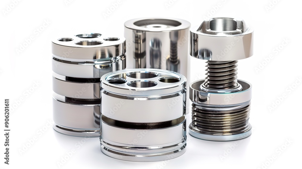 Precision Engineering - Pistons on a White Background Highlighting Mechanical Details Precision Engineering - Pistons on a White Background Highlighting Mechanical Details