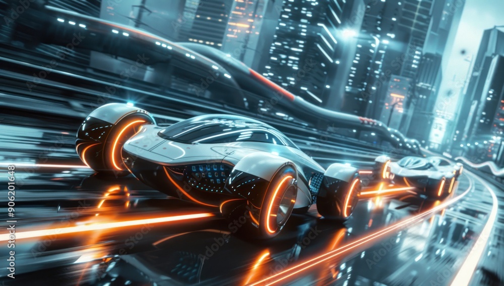 Futuristic Cityscape with Racing Cars Futuristic Cityscape with Racing Cars