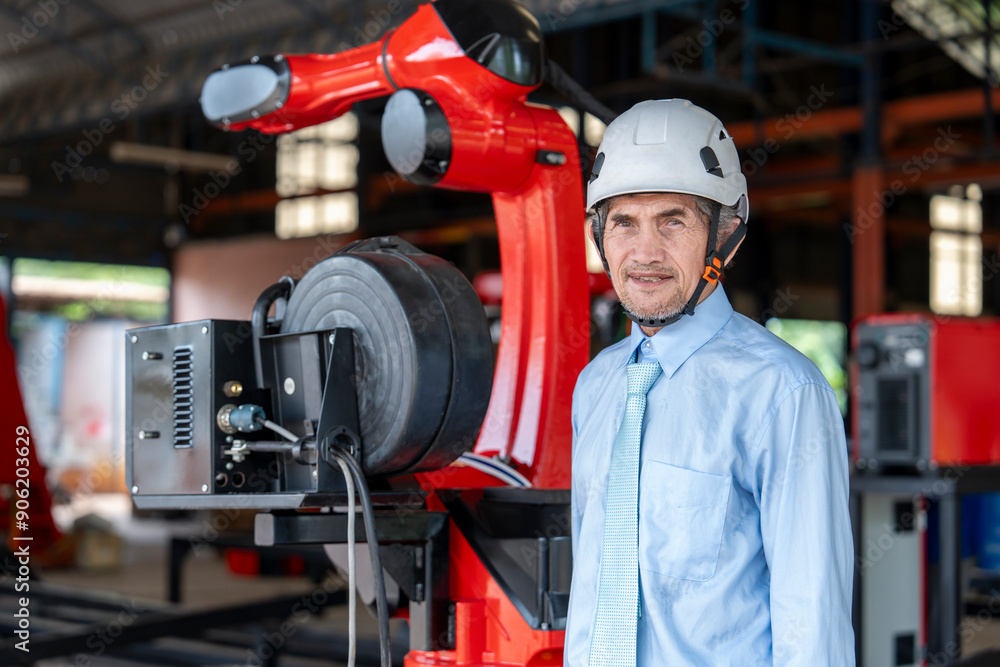 portrait old experienced manager wears helmet working in welding robot machine factory portrait old experienced manager wears helmet working in welding robot machine factory