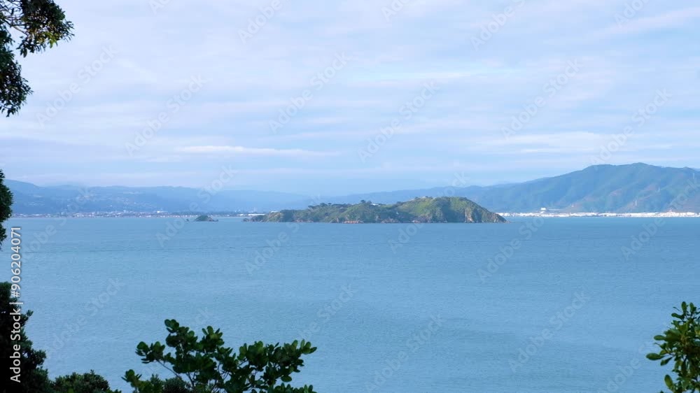 Scenic ocean view of Matui Somes island in harbour of Wellington, New Zealand Aotearoa Scenic ocean view of Matui Somes island in harbour of Wellington, New Zealand Aotearoa
