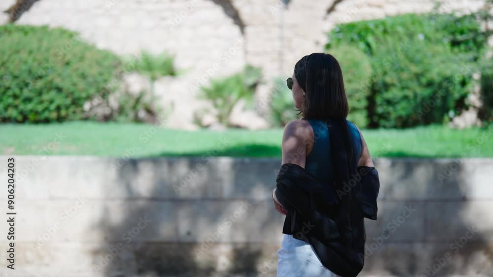 Female brunette walk near Royal Palace of La Almudaina property, Mallorca Female brunette walk near Royal Palace of La Almudaina property, Mallorca