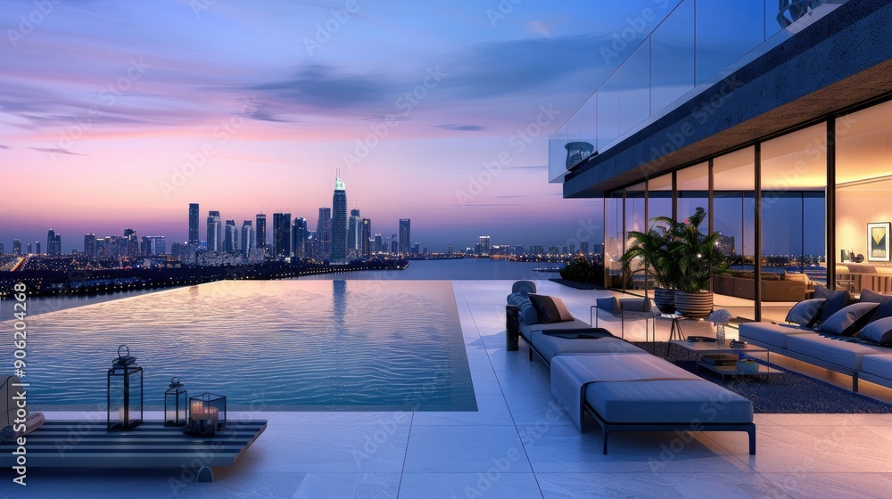Fototapeta premium A modern terrace lounge featuring a stunning infinity edge pool, minimalist furniture, and a breathtaking view of a city skyline at dusk.