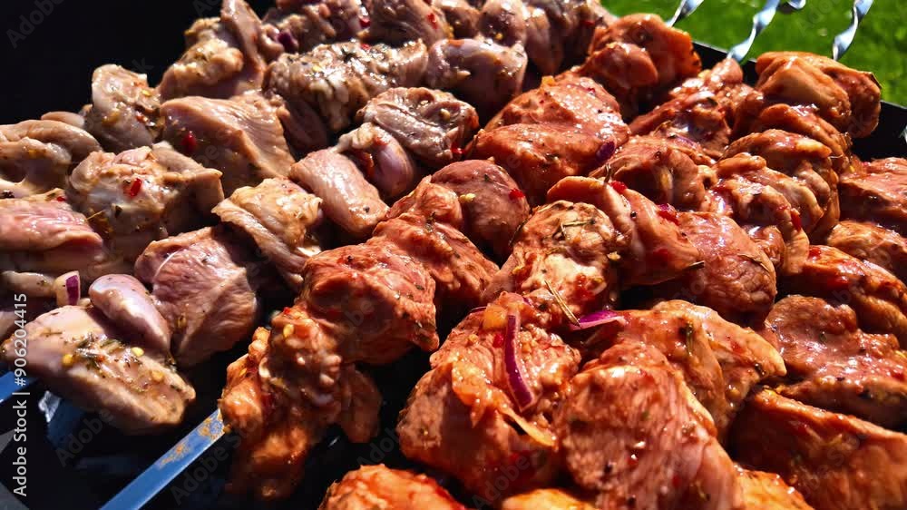 Skewers outdoor grill on a picnic pieces of white meat seasoned, onion red chili Skewers outdoor grill on a picnic pieces of white meat seasoned, onion red chili