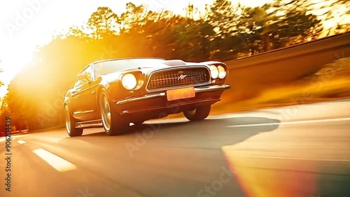 Classic sports car racing down a sunlit rural road in golden sunlight