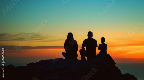 A family of three is on vacation. They are sitting on a rock at sunset, looking out at the ocean. The silhouettes of the father, mother, and son are visible against the sky.