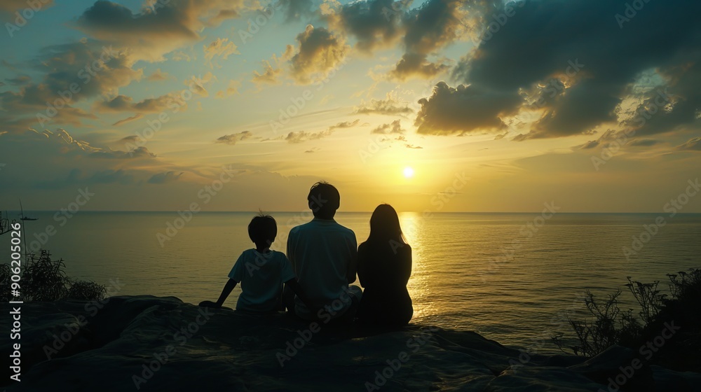 A family of three is on vacation. They are sitting on a rock at sunset, looking out at the ocean. The silhouettes of the father, mother, and son are visible against the sky. A family of three is on vacation. They are sitting on a rock at sunset, looking out at the ocean. The silhouettes of the father, mother, and son are visible against the sky.