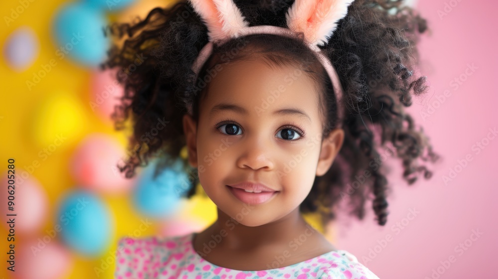 A joyful girl with curly hair in bunny ears smiles brightly in a festive, colorful background A joyful girl with curly hair in bunny ears smiles brightly in a festive, colorful background