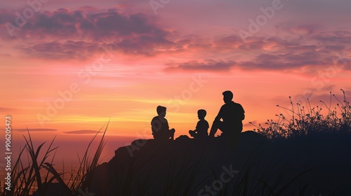A family of three is on vacation. They are sitting on a rock at sunset, looking out at the ocean. The silhouettes of the father, mother, and son are visible against the sky.