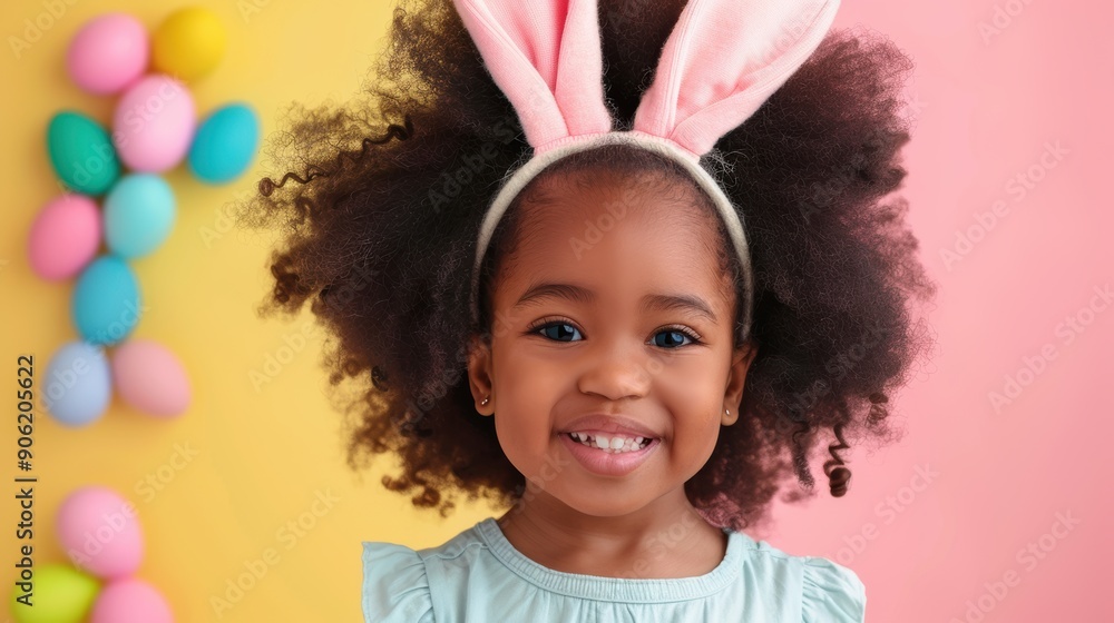 A cheerful young girl wearing bunny ears poses next to pastel Easter eggs against a vibrant backdrop A cheerful young girl wearing bunny ears poses next to pastel Easter eggs against a vibrant backdrop