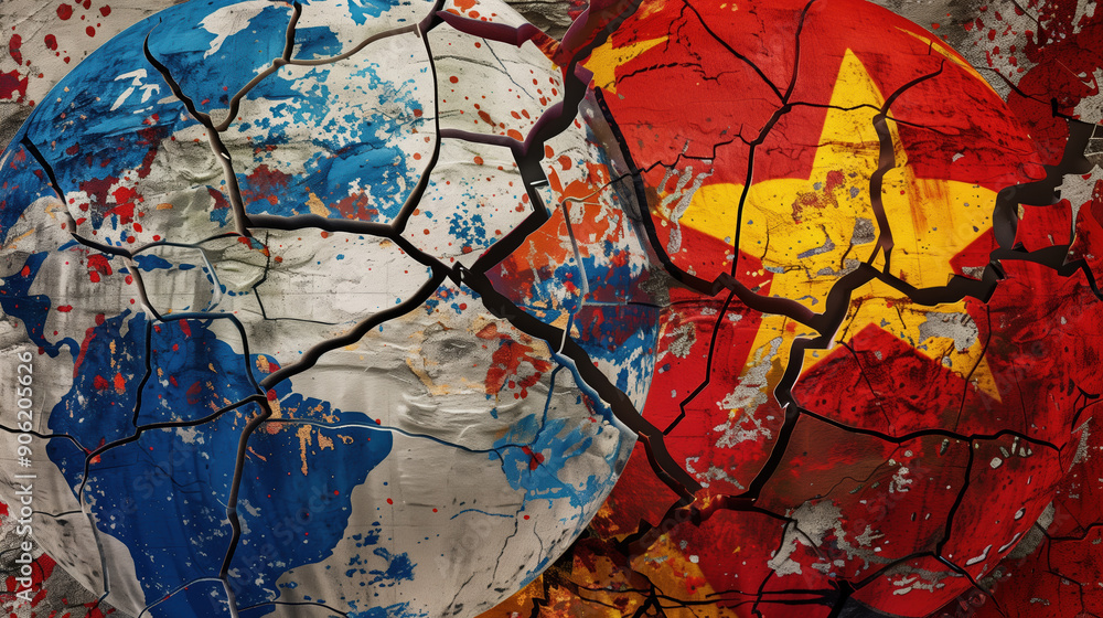 Artistic Depiction of USA and China Trade Conflict with Flags Painted on a Cracked Globe Symbolizing Economic Division Artistic Depiction of USA and China Trade Conflict with Flags Painted on a Cracked Globe Symbolizing Economic Division