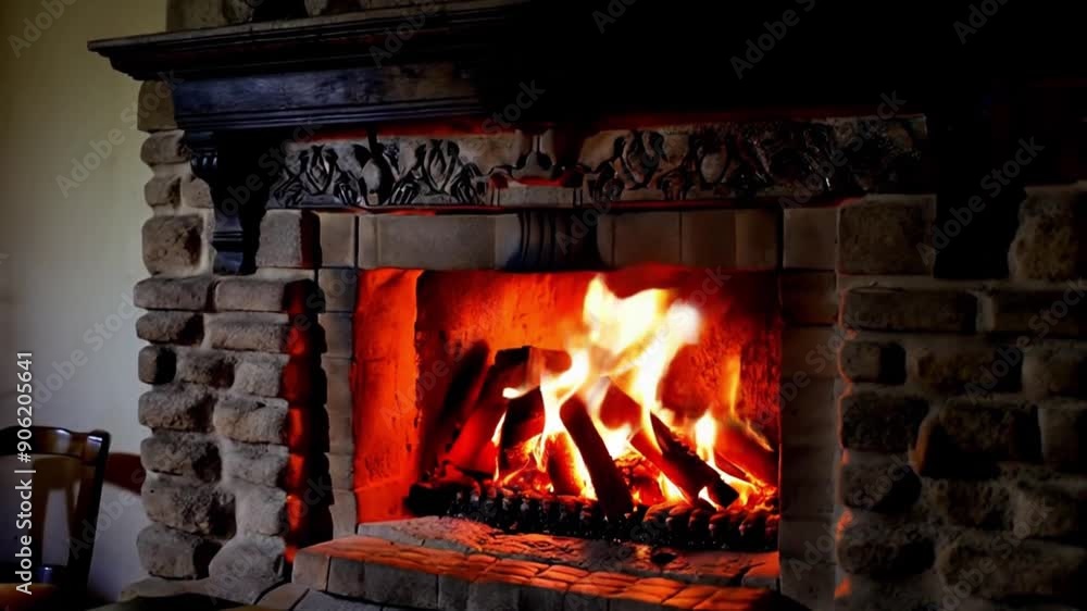 A Cozy Fireplace with Flickering Flames and a Beautiful Stone Surround Creates a Warm Atmosphere A Cozy Fireplace with Flickering Flames and a Beautiful Stone Surround Creates a Warm Atmosphere