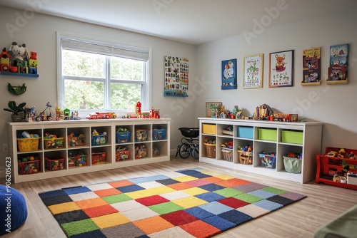 Neatly Organized Children's Playroom with Colorful Rug and Ample Storage Space
