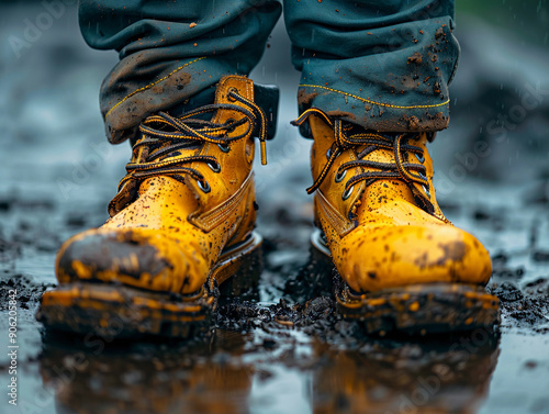 Dirty Work Boots Standing in Muddy Ground After a Rainy Day Outside