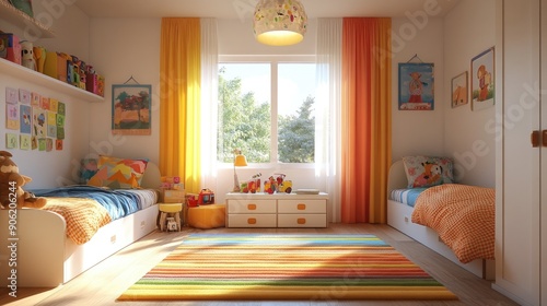 Bright and Cheerful Kids Bedroom with Neatly Made Beds and Minimal Clutter