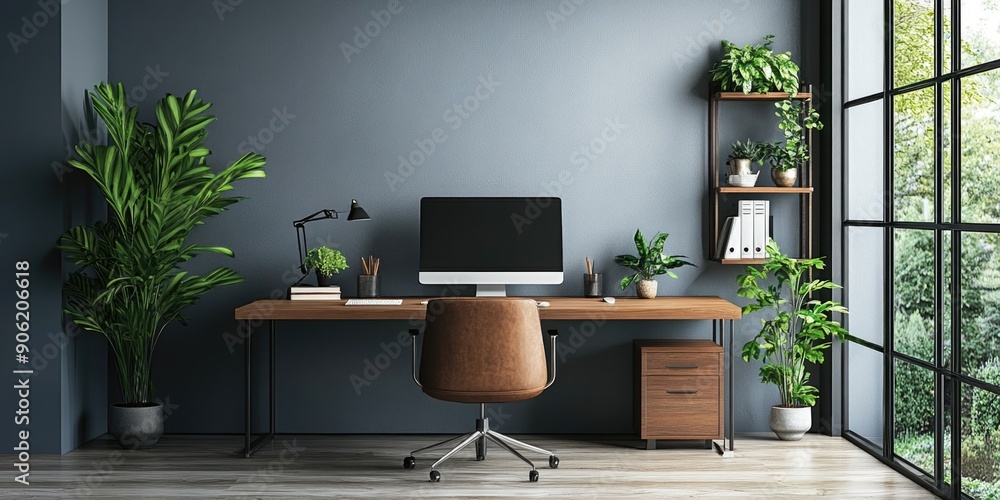 Modern Home Office with Tidy Desk and Comfortable Chair for Productive Work Environment. Modern Home Office with Tidy Desk and Comfortable Chair for Productive Work Environment.