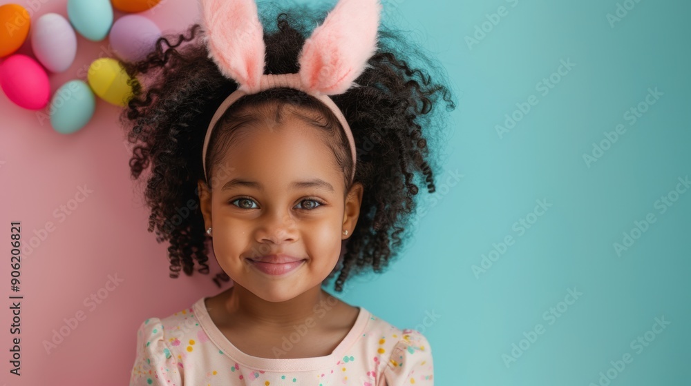 A joyful child smiles while wearing bunny ears near vibrant Easter eggs A joyful child smiles while wearing bunny ears near vibrant Easter eggs