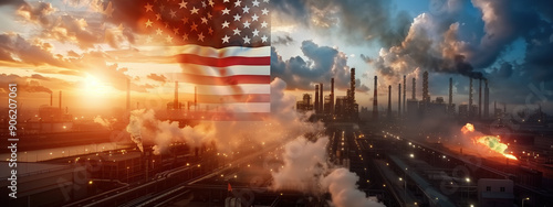 USA Economic Competition with Flags Burning in Background as Factories Vie for Dominance