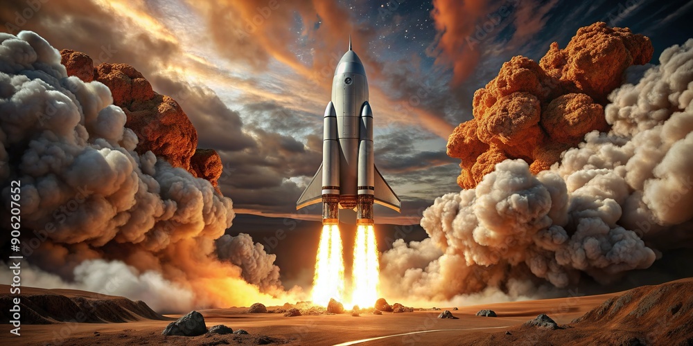 Silver Rocketship A sleek, silver rocketship blasts off from a barren, rust-hued terrain ...