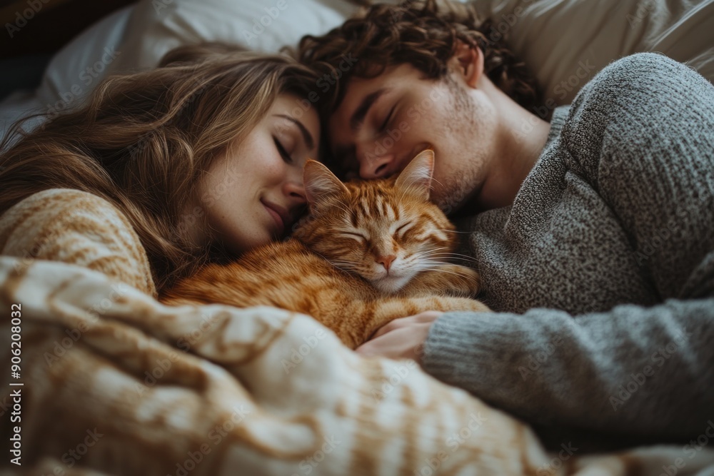 A couple lies on their bed with their cat snuggled between them The bedroom is cozy with soft lighting and warm bedding The couple looks lovingly at each other while the cat purrs contentedly A couple lies on their bed with their cat snuggled between them The bedroom is cozy with soft lighting and warm bedding The couple looks lovingly at each other while the cat purrs contentedly