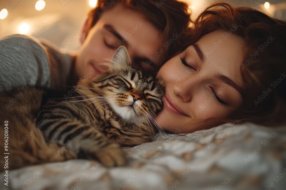 A couple lies on their bed with their cat snuggled between them The bedroom is cozy with soft lighting and warm bedding The couple looks lovingly at each other while the cat purrs contentedly A couple lies on their bed with their cat snuggled between them The bedroom is cozy with soft lighting and warm bedding The couple looks lovingly at each other while the cat purrs contentedly