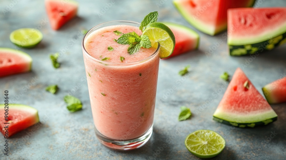 A refreshing watermelon smoothie in a clear glass, garnished with a sprig of mint and a slice of lime. The smoothie is set against a bright, summery background with scattered watermelon pieces and A refreshing watermelon smoothie in a clear glass, garnished with a sprig of mint and a slice of lime. The smoothie is set against a bright, summery background with scattered watermelon pieces and