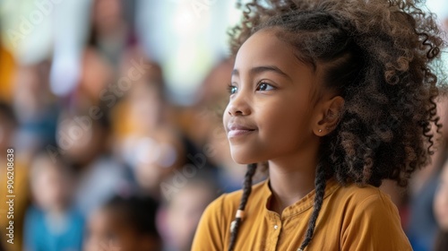 A young girl watches attentively during a classroom event, surrounded by peers and showcasing her curiosity