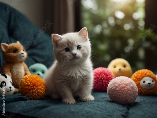 A cute, cream-colored kitten surrounded by dolls sits on the sofa. photo