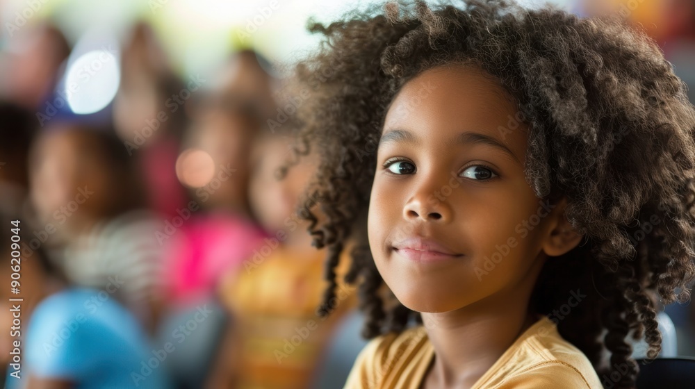 A young girl with curly hair smiles while sitting in front of her classmates during a school event