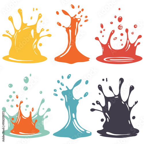 Six vibrant paint splashes assorted colors spraying dripping. Multicolored liquid splats graphic design separated isolated white background. Dynamic fluid shapes used artistic, creative concepts