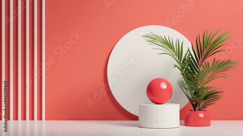 Playful backdrop with rotating podium and bright red cube in geometric landscape.