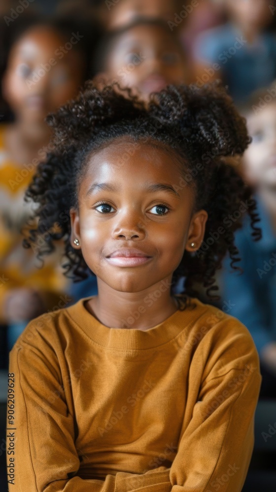 A young girl with curly hair smiles while observing her surroundings in a classroom filled with children A young girl with curly hair smiles while observing her surroundings in a classroom filled with children