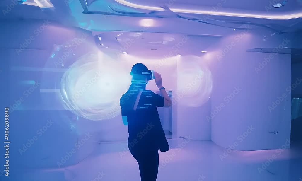A person engages with virtual reality equipment in a futuristic white room A person engages with virtual reality equipment in a futuristic white room