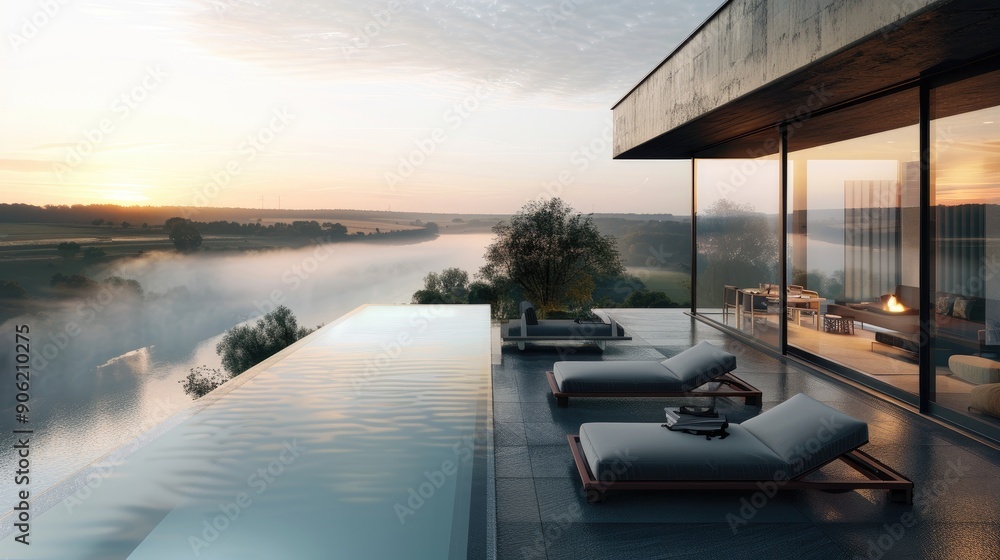Fototapeta premium A modern terrace lounge with a stylish infinity pool, minimalist loungers, and a stunning view of a peaceful river at sunrise, with the morning mist rising from the water.