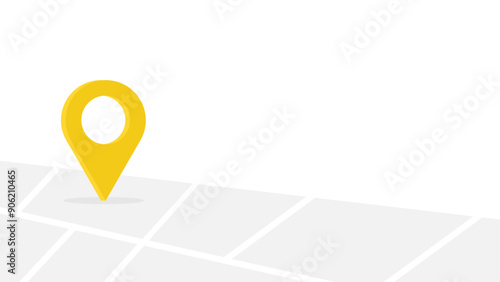 Yellow location marker icon on a simple  white and grey map. Map and geolocation themed background. 